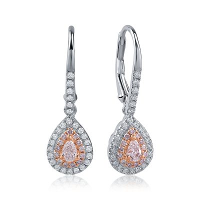 Cercei din aur alb-roz cu diamante roz pear si rotunde de 0.38ct si diamante incolore de 0.31ct