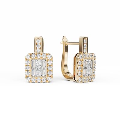 Cercei din aur galben cu diamante baguette, princess si rotunde de 0.76ct