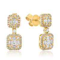 Cercei din aur galben cu diamante baguette si rotunde de 0.89ct