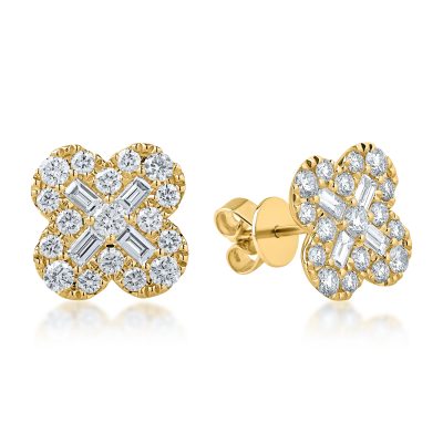Cercei din aur galben cu diamante baguette si rotunde de 1.8ct