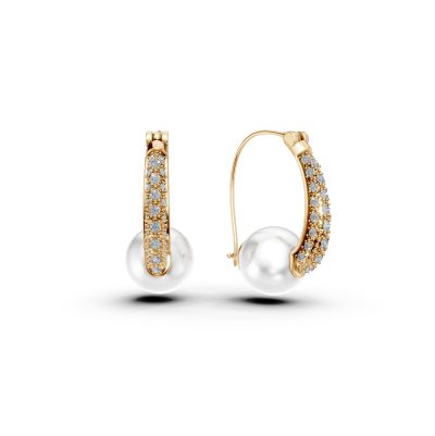 Cercei din aur galben cu perle de cultura si diamante de 0.19ct
