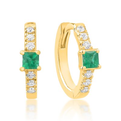 Cercei din aur galben cu smaralde princess de 0.08ct si diamante round de 0.06ct pentru copii
