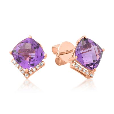 Cercei din aur roz cu ametiste cushion de 4.5ct si diamante de 0.1ct