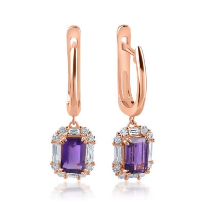 Cercei din aur roz cu ametiste de 1.09ct si diamante baguette si rotunde de 0.38ct
