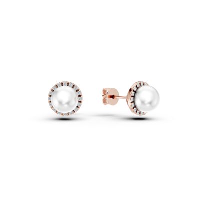 Cercei din aur roz cu diamante de 0.093ct si perle de cultura