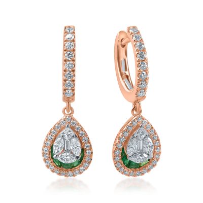 Cercei din aur roz cu diamante de 1.05ct si smaralde de 0.5ct