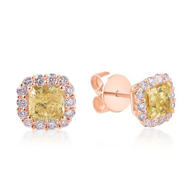 Cercei din aur roz cu diamante galbene cushion de 1.49ct si diamante roz de 0.43ct