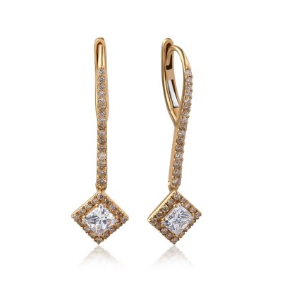 Cercei din aur roz cu diamante incolore de 1.22ct si diamante maro princess si round de 0.45ct