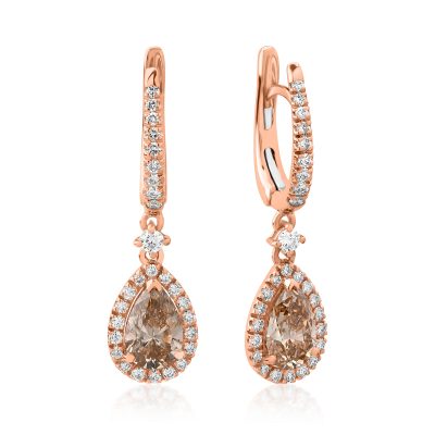 Cercei din aur roz cu diamante maro pear de 1.15ct si diamante round de 0.42ct