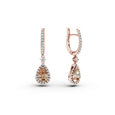 Cercei din aur roz cu diamante maro pear de 1.39ct si diamante incolore round de 0.44ct