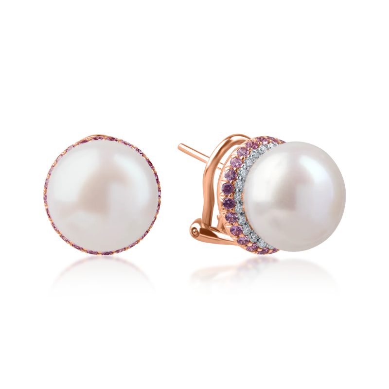 Cercei din aur roz cu perle de cultura si pietre pretioase de 0.8ct