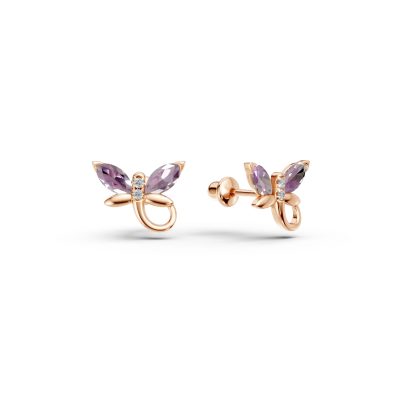 Cercei din aur roz cu safire roz marquise de 0.3ct si diamante round de 0.01ct pentru copii