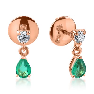 Cercei din aur roz cu smaralde pear de 0.5ct si diamante de 0.2ct