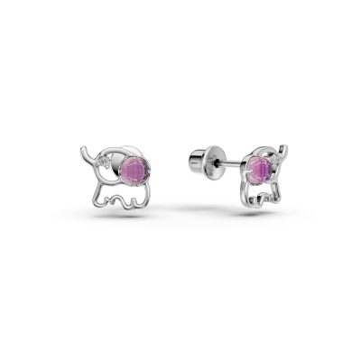 Cercei elefant din aur alb cu ametiste de 0.09ct si diamante de 0.008ct pentru copii