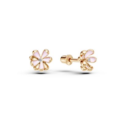 Cercei floare de tei din aur galben cu diamante de 0.02ct pentru copii