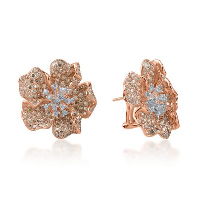 Cercei floare din aur roz cu diamante maro si incolore de 6.6ct
