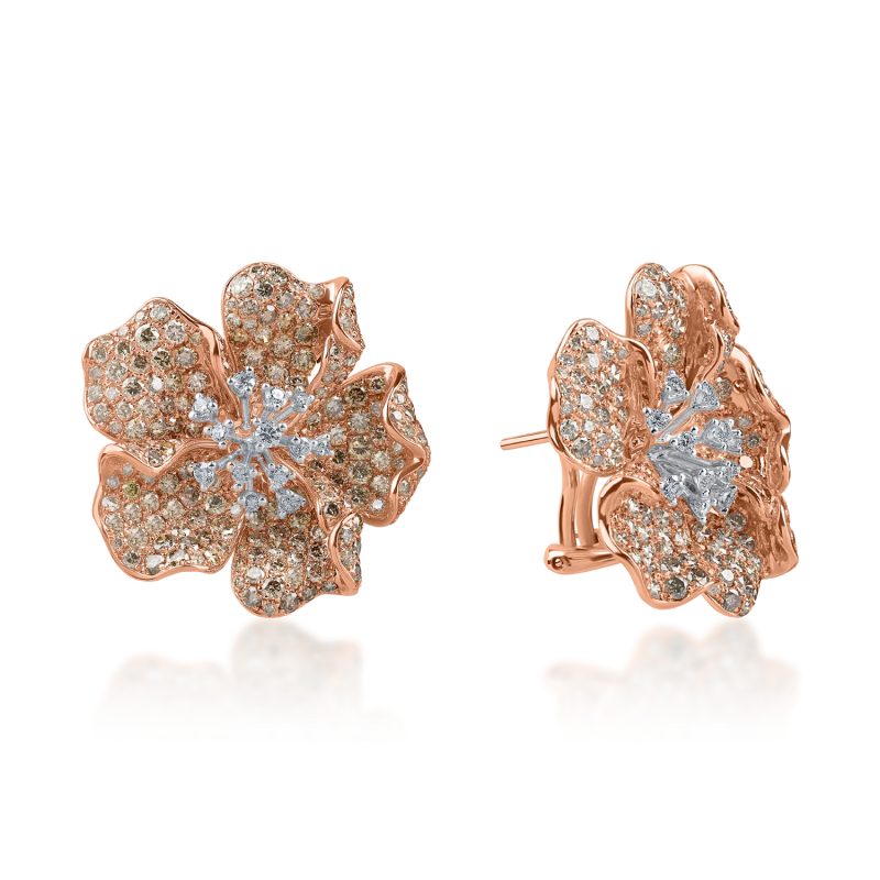 Cercei floare din aur roz cu diamante maro si incolore de 6.6ct