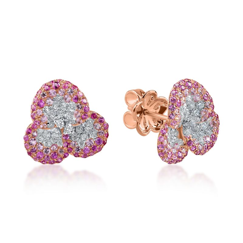 Cercei floare din aur roz cu diamante si safire roz de 2.4ct