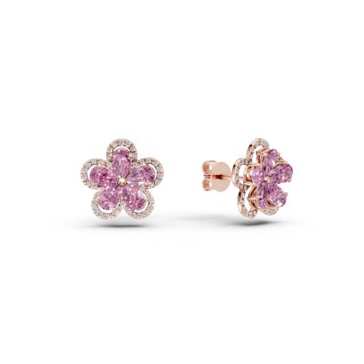 Cercei floare din aur roz cu turmaline roz pear de 2.1ct si diamante de 0.29ct
