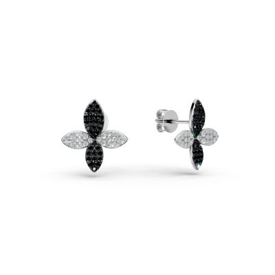 Cercei florali din aur alb cu diamante negre si incolore de 1.02ct