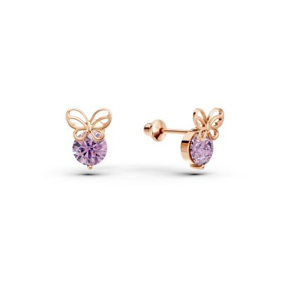 Cercei fluturasi pentru copii din aur roz cu ametiste roz de 0.53ct