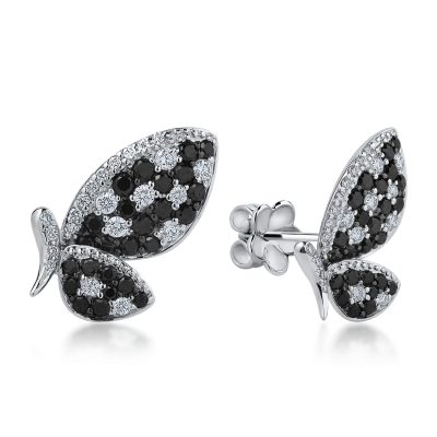 Cercei fluturi din aur alb cu diamante negre de 0.68ct si diamante transparente de 0.32ct