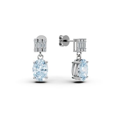 Cercei geometrici din aur alb cu acvamarine ovale de 1.3ct si diamante de 0.1ct
