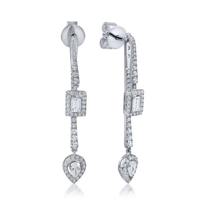 Cercei geometrici din aur alb cu diamante baguette, princess si rotunde de 1.55ct