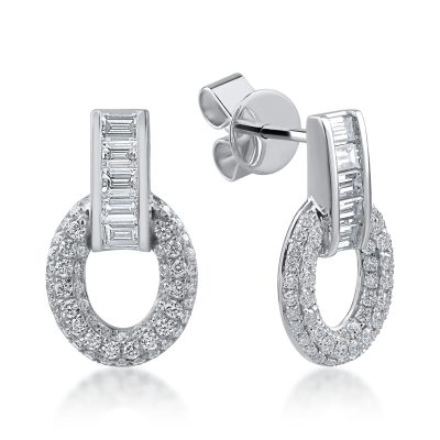 Cercei geometrici din aur alb cu diamante baguette si rotunde de 0.87ct