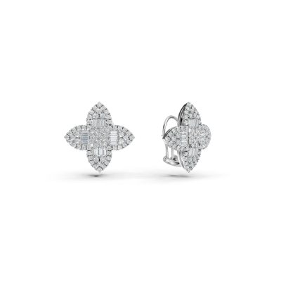 Cercei geometrici din aur alb cu diamante baguette si rotunde de 1.1ct