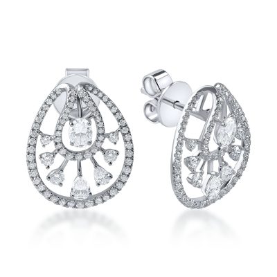Cercei geometrici din aur alb cu diamante princess, ovale si rotunde de 1.36ct
