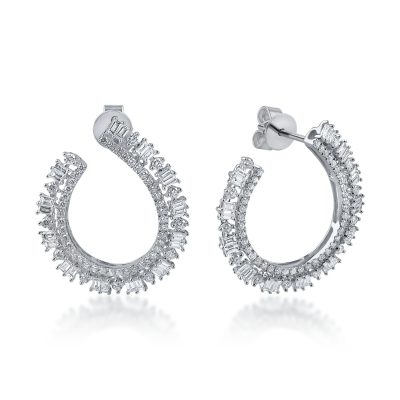 Cercei geometrici din aur alb cu diamante trapezoidale si rotunde de 2ct