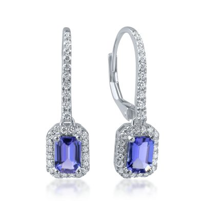 Cercei geometrici din aur alb cu tanzanite rectangulare de 1ct si diamante de 0.3ct