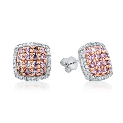 Cercei geometrici din aur alb-roz cu diamante roz si incolore de 1.15ct
