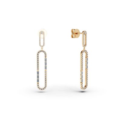 Cercei geometrici din aur galben cu diamante baguette si rotunde de 0.16ct