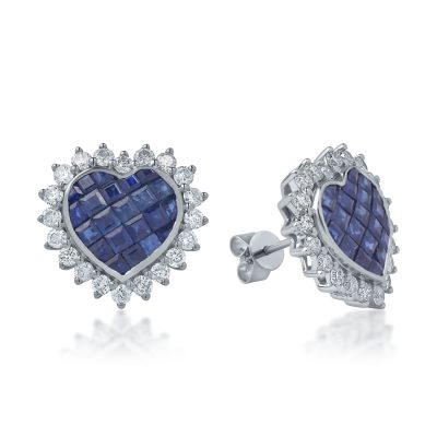 Cercei inima din aur alb cu safire square de 2.56ct si diamante de 1.15ct