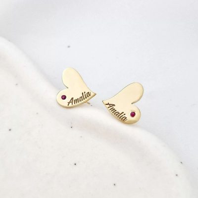 Cercei Inima personalizati - Argint 925 Placat cu Aur galben 18K - decorati cu rubin