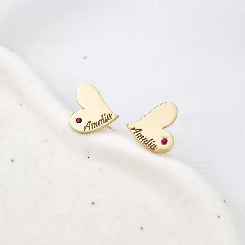 Cercei Inima personalizati - Argint 925 Placat cu Aur galben 18K - decorati cu rubin