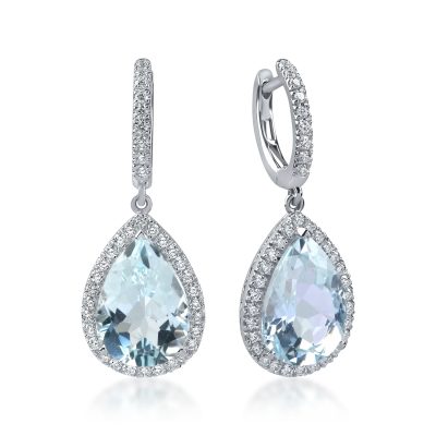 Cercei lacrima din aur alb cu acvamarine octogonale de 6.7ct si diamante de 0.6ct