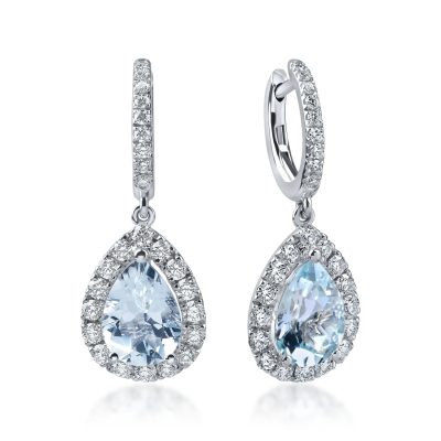 Cercei lacrima din aur alb cu acvamarine pear de 3.3ct si diamante de 1ct