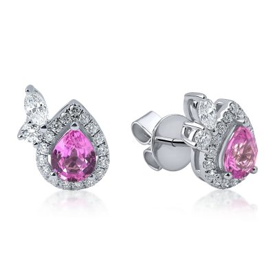 Cercei lacrima din aur alb cu safire roz pear de 0.83ct si diamante de 0.34ct