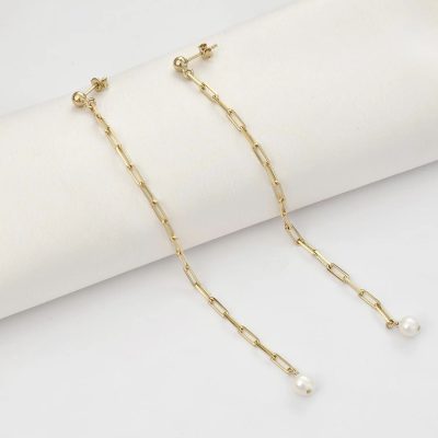 Cercei lungi cu picatura de Perla - Argint 925 placat cu Aur Galben 18K - Inchizatoare surub