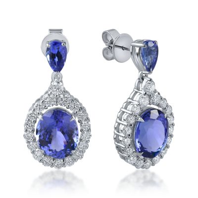 Cercei lungi din aur alb cu tanzanite pear de 6.4ct si diamante round de 1.4ct