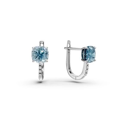 Cercei on ear din aur alb cu topaze swiss blue square de 1.3ct si diamante de 0.02