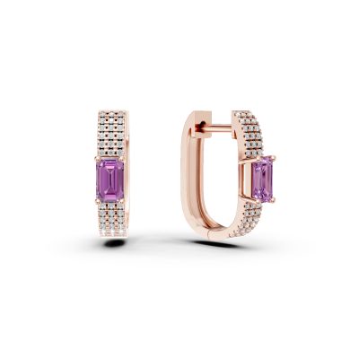 Cercei on ear din aur roz cu safire roz baguette de 0.5ct si diamante rotunde de 0.1ct