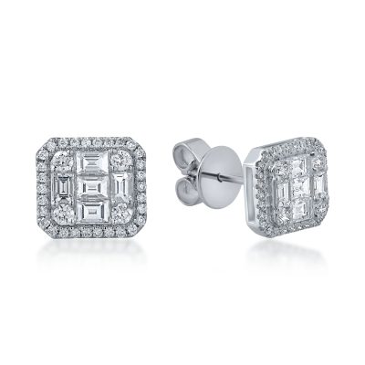 Cercei patrati din aur alb cu diamante baguette si rotunde de 0.7ct