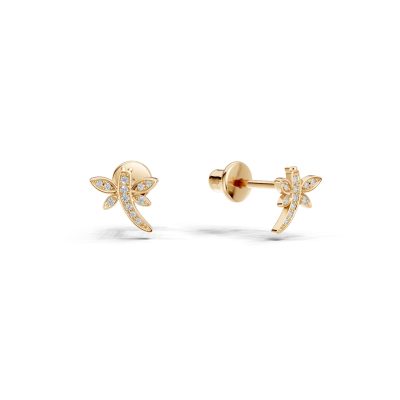 Cercei pentru copii cu libelule din aur galben cu diamante de 0.06ct