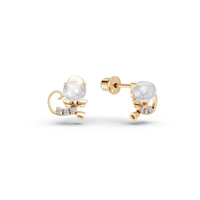 Cercei pisicute din aur galben cu topaze albe ovale de 0.59ct si diamante round de 0.036ct pentru copii