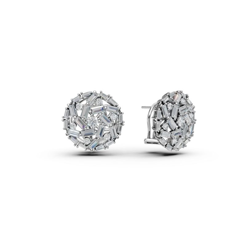 Cercei rotunzi din aur alb cu diamante baguette si rotunde de 2.1ct