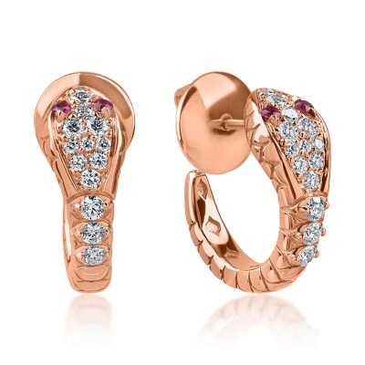 Cercei sarpe din aur roz cu rubine de 0.04ct si diamante de 0.26ct